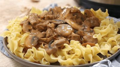Beef Stroganoff over Egg Noodles