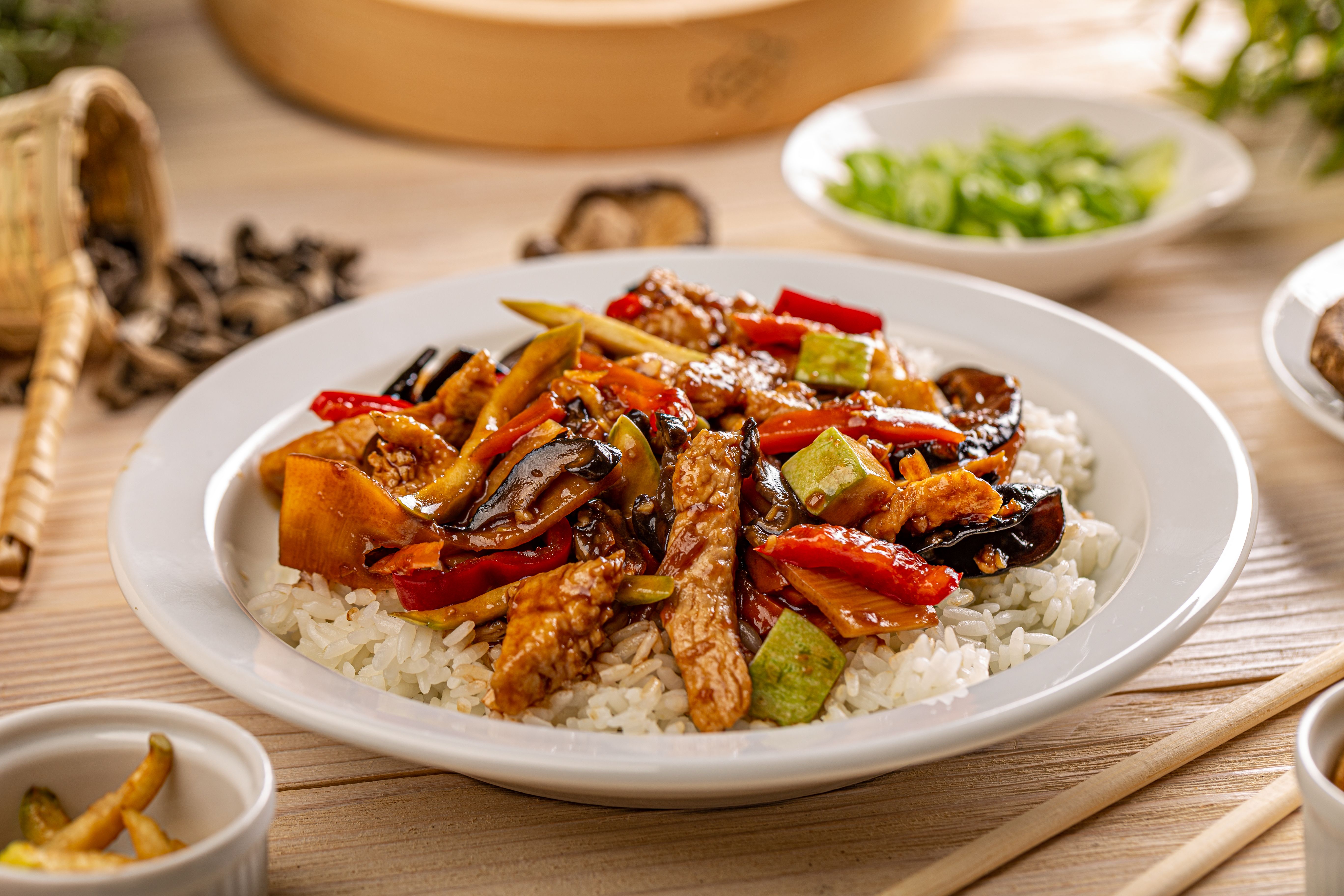 Asian Stir-Fry Chicken on a Bed of White Rice